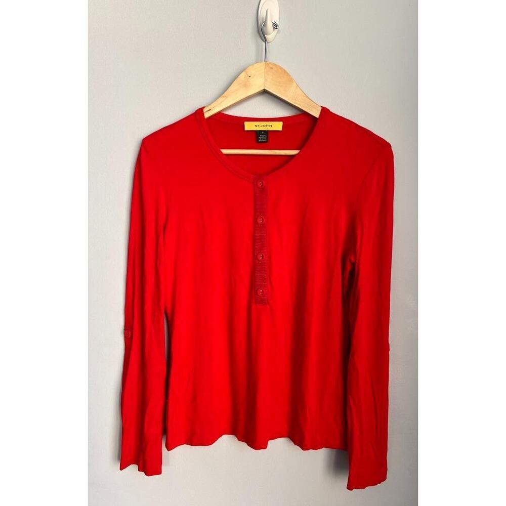ST. JOHN (Yellow Label) sz M red knit henley top w roll tab sleeves EUC